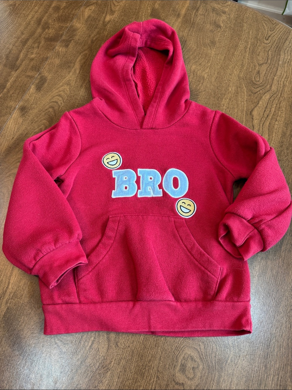 okie dokie Red Hooded Sweatshirt with BRO Applique and Smiley Patches